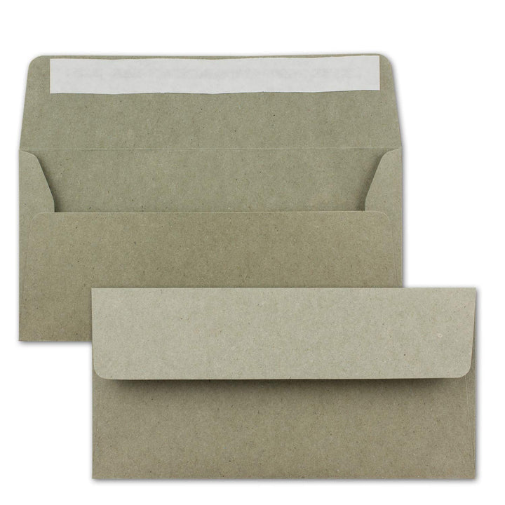 200x Kraftpapier Umschläge DIN Lang - Grau ÖKO - Haftklebung 11 x 22 cm - 120 g/m² breite Lasche - V