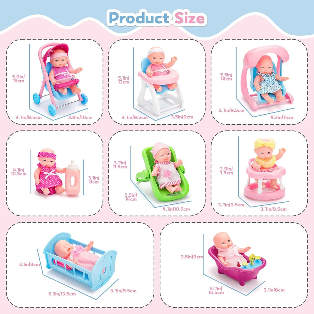 deAO 8 Stück Mini-Babypuppe mit Zubehör, Reborn Puppen Spielset mit Puppenwagen, Badespielzeug, Pupp
