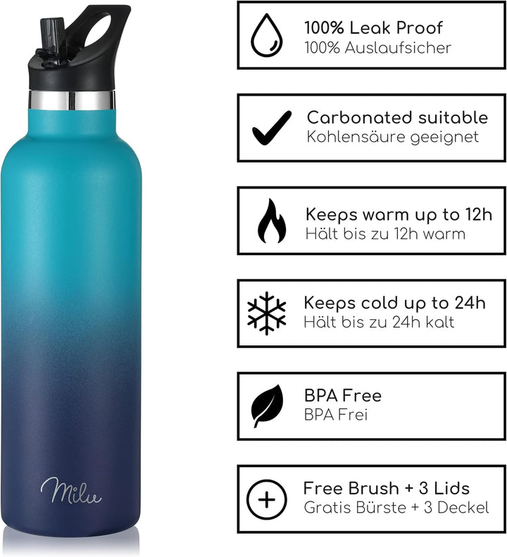 Milu Edelstahl Trinkflasche 500ml, 750ml, 1L (+3 Deckel) - Thermosflasche mit Strohhalm, Isolierte W