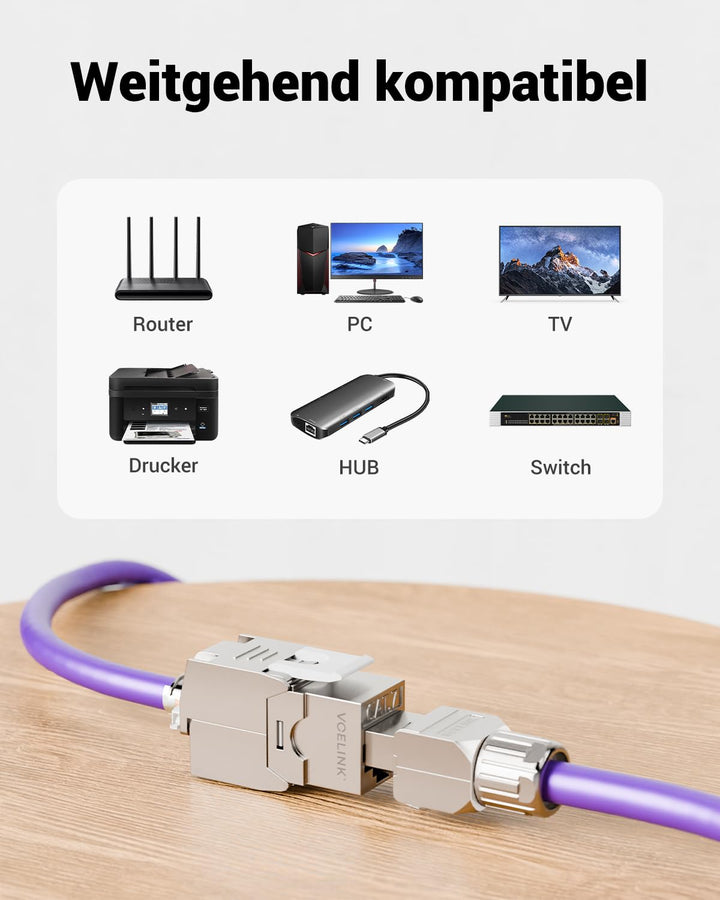 VCELINK 8x CAT7 Keystone RJ45 Modul Buchse, für LAN Kabel 10 Gbit/s bis 600 MHz AWG 22-24 & PoE, Wer