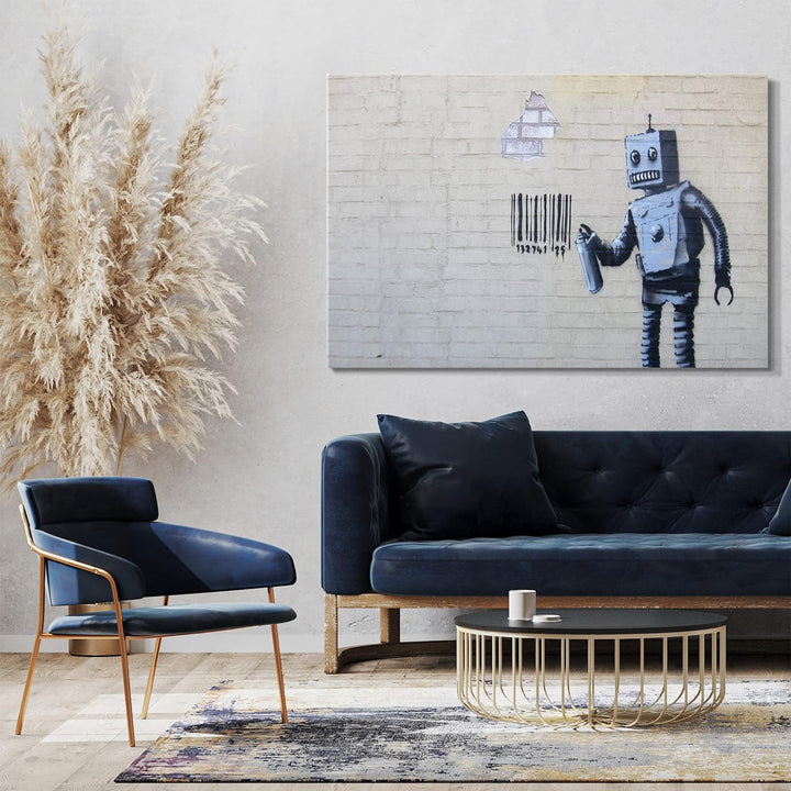 Printed Paintings Leinwand (100x70cm): Banksy - Roboter Robot sprüht Bar-Code auf Wand Graffiti-W 10