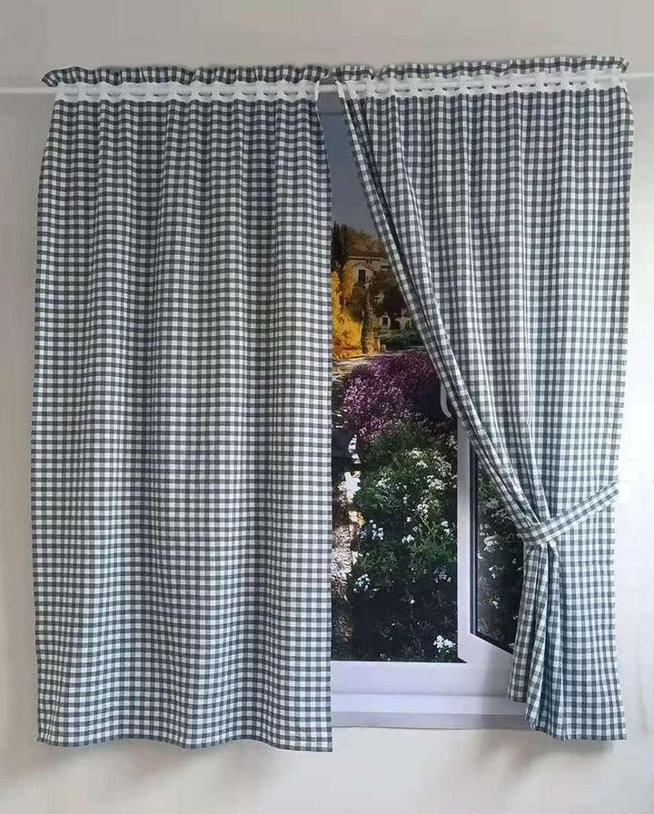 Yaland Vorhänge mit Karo-Muster Landhausstil Gardinen Karo-grösse 1x1cm Wohnzimmer Gardinenschals mi