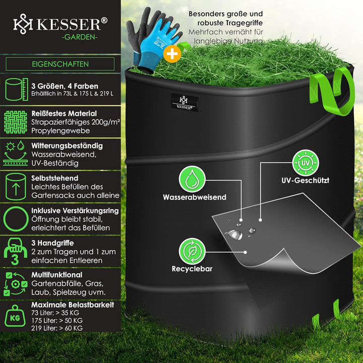 KESSER® Pop-Up-Gartensack 219L Laubsack Gartenabfallsack inkl. Handschuhe | Selbststehend mit Griffe
