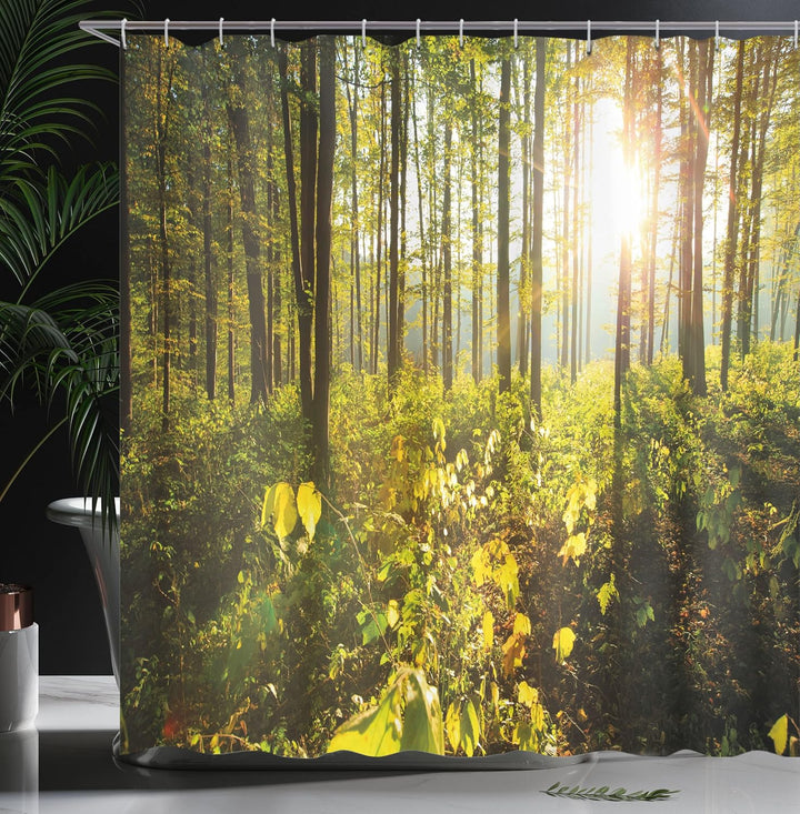 ABAKUHAUS Wald Duschvorhang, Sonnenstrahlen Woods Laub, Stoffliches Gewebe Badezimmerdekorationsset