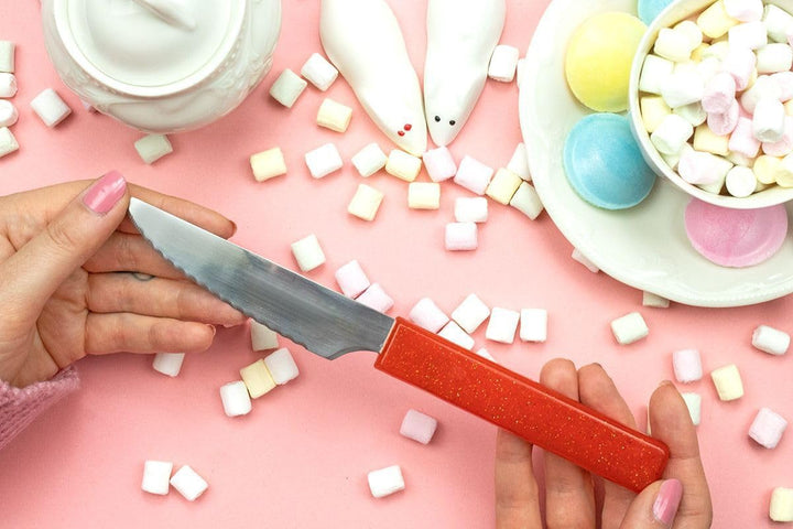 LaXon Messer, Frühstücksmesser, 6er Messerset, Brotmesser mit Wellenschliff, creme - weiss mit leich