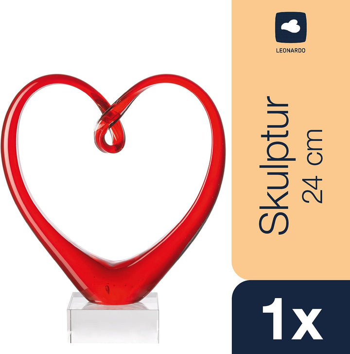 Leonardo Heart Skulptur in Herzform, rotes Herz auf Sockel, handgefertigtes Deko Farbglas, 24 x 21 x