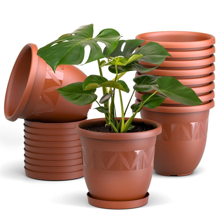 Plastard 10er Set Blumentöpfe mit Untersetzer 30 cm Durchmesser Terrakotta runder Pflanzkübel aus Ku