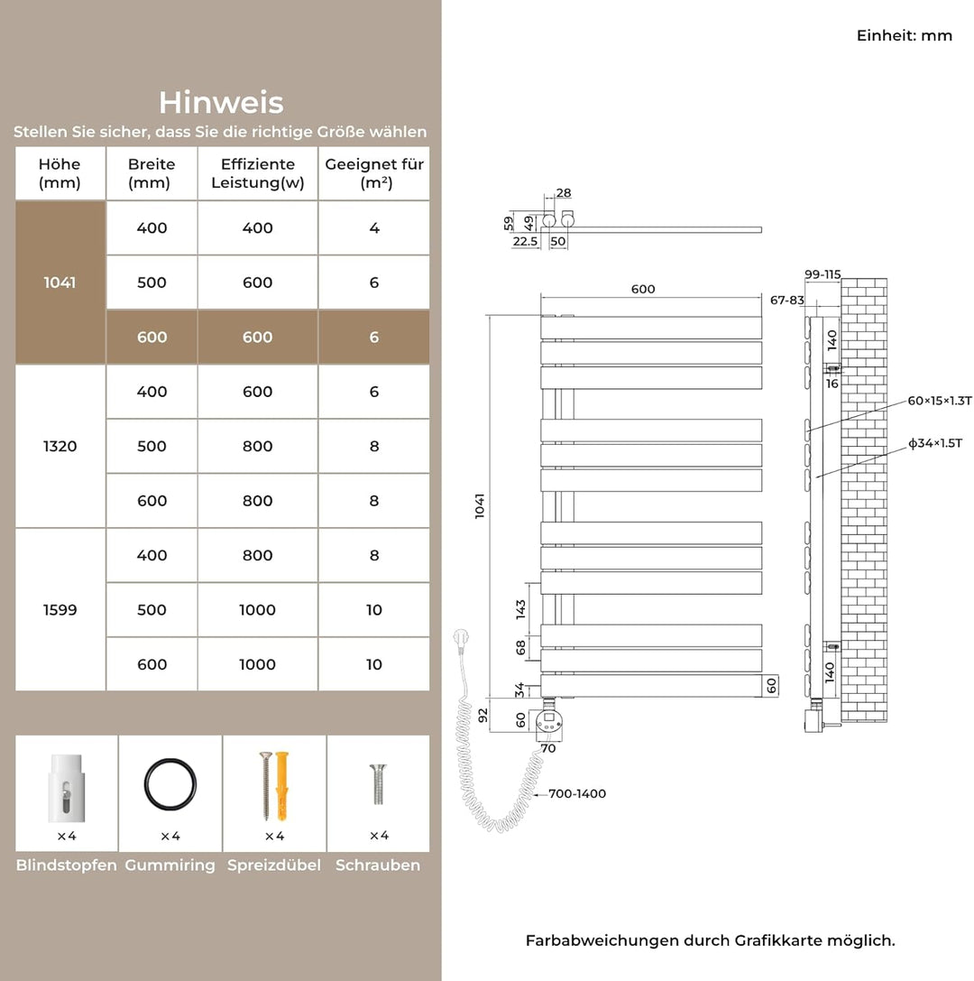 S'AFIELINA Handtuchheizkörper Elektrisch 1041×600mm, Badheizkörper Elektrisch mit Thermostat, WiFi,