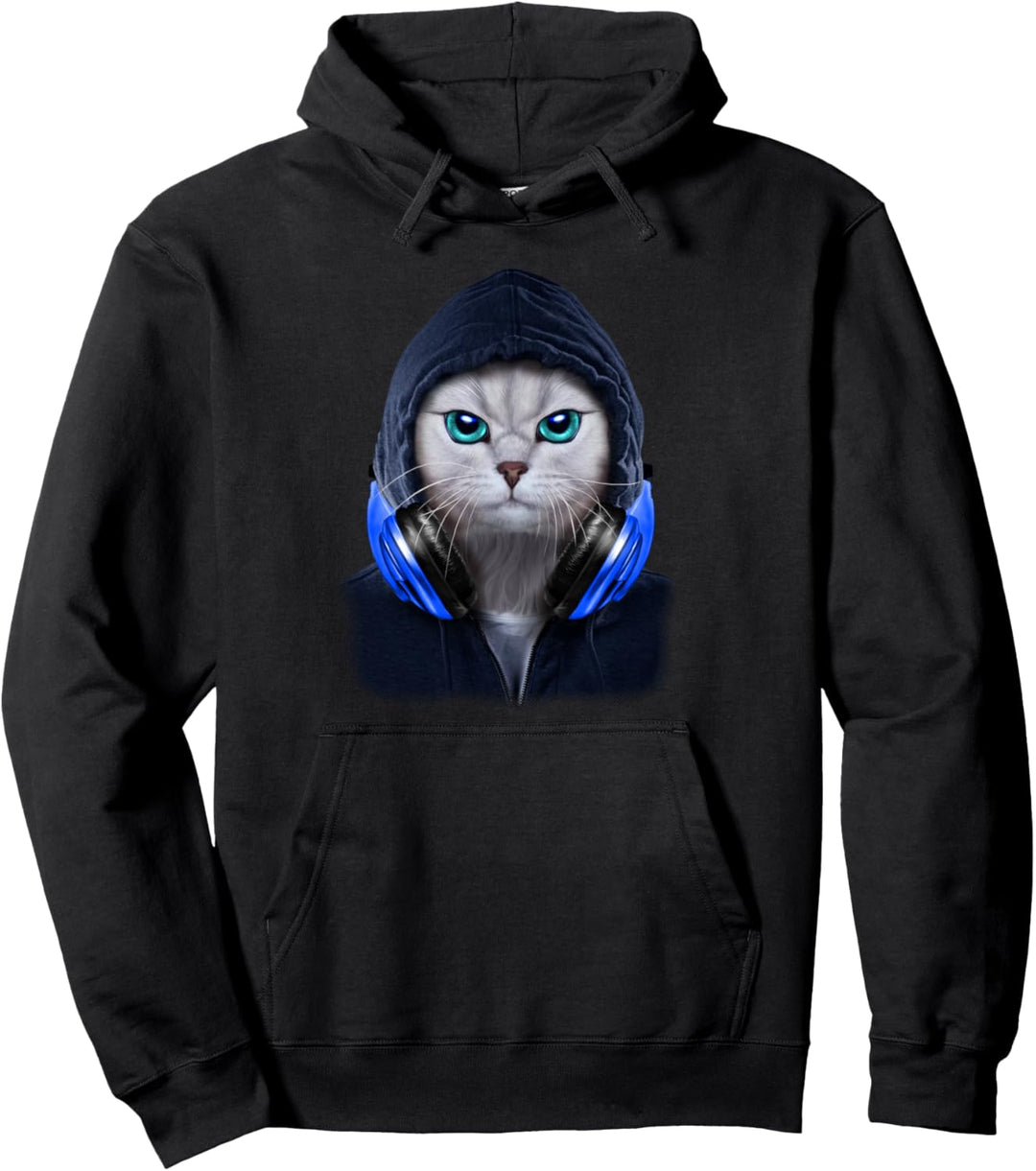Weisse Katze in einem dunklen Kapuzenpulli und Kopfhörern Pullover Hoodie