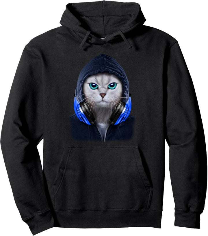 Weisse Katze in einem dunklen Kapuzenpulli und Kopfhörern Pullover Hoodie