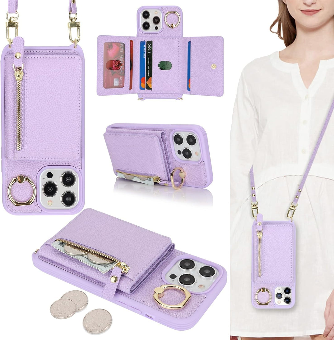 ELTEKER Handyhülle für iPhone 15 Pro Max Hülle mit Band Kartenfach Ringhalterung Geldbörse,Leder Kla