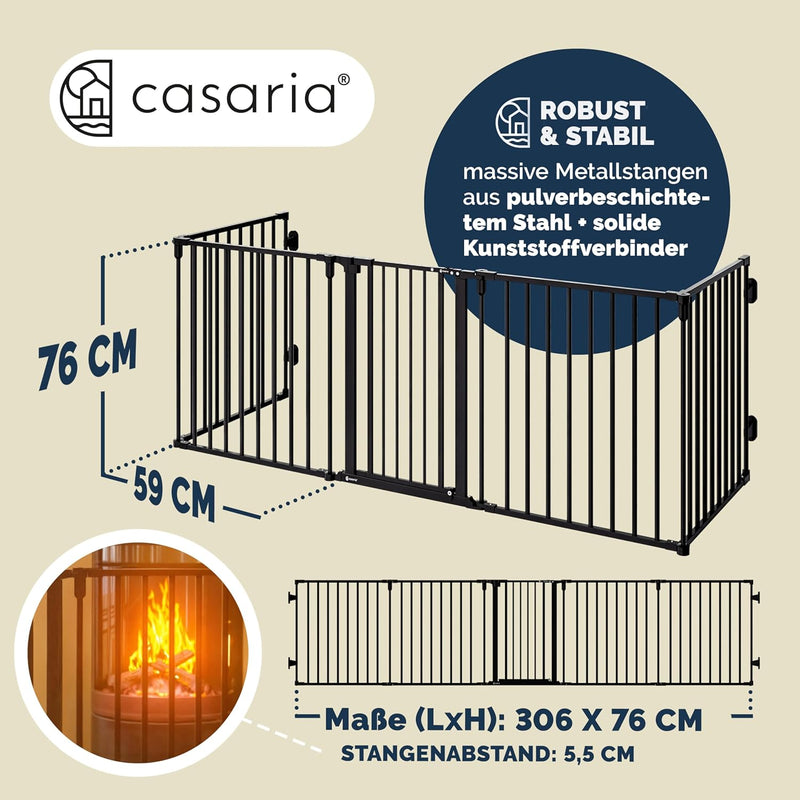 CASARIA® Kaminschutzgitter mit Sicherheitstür Metall Ofenschutzgitter 306x77cm Kamingitter ohne Bohr