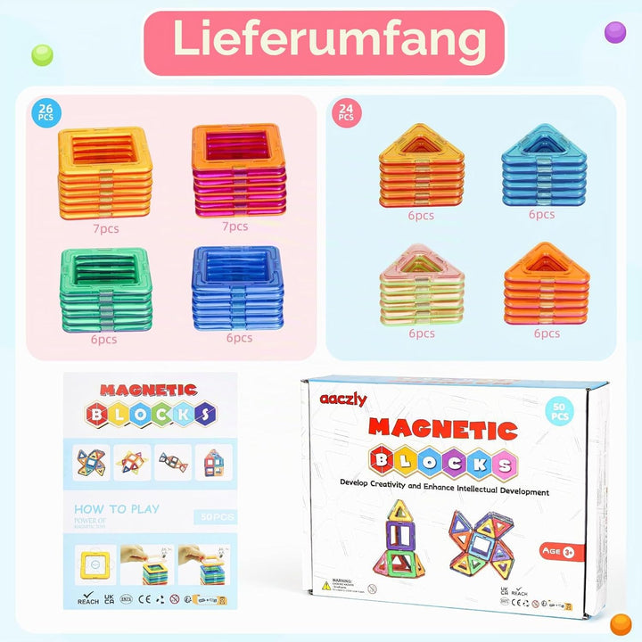 aaczly Magnetische Bausteine 50 Teile Magnetbausteine Magnet Spielzeug Kinder 3D Magnetspielzeug Mag