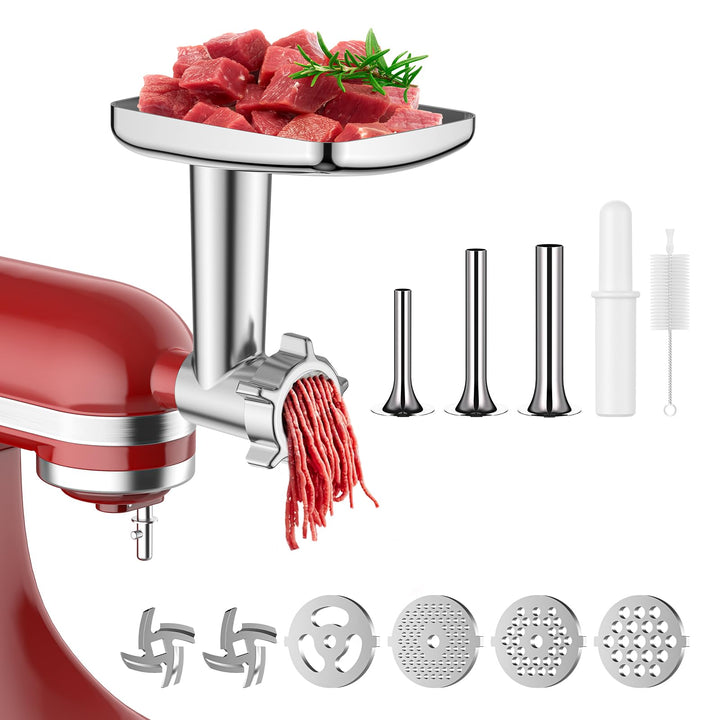 Fleischwolf Aufsatz für KitchenAid Küchenmaschine, mit 3 Wurstfüllhörner 2 Schleifklingen 4 Mahlsche