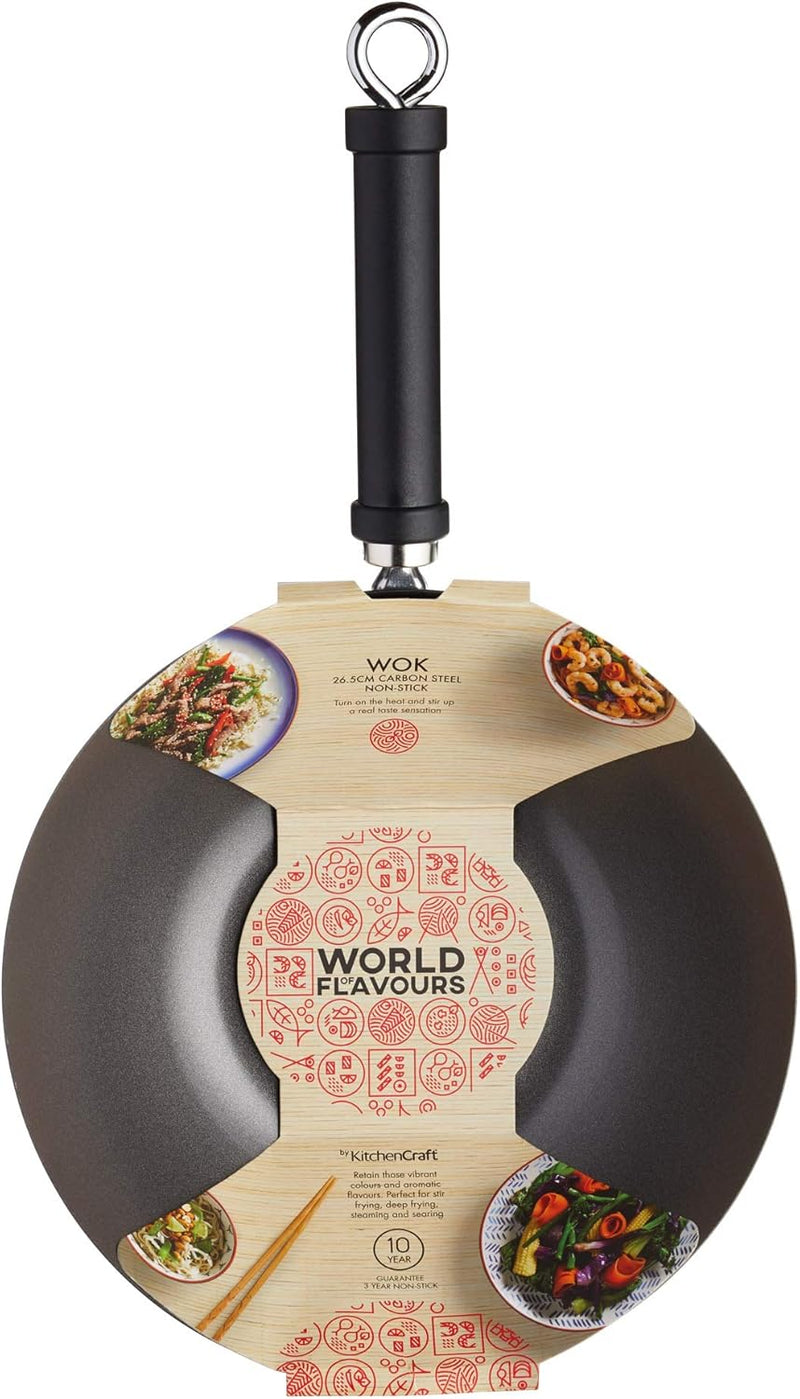 KitchenCraft Pure Oriental Wok aus Carbonstahl mit Antihaftbeschichtung, 20 cm, Schwarz 28 x 18 x 18