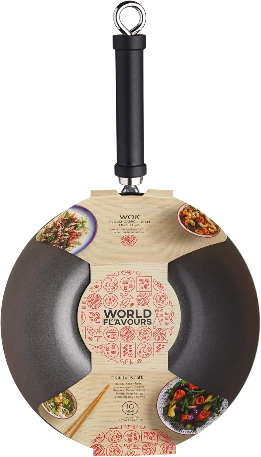 KitchenCraft World of Flavours Antihaft-Wok für Induktionskochfeld, Kohlenstoffstahl, Rührbratpfanne