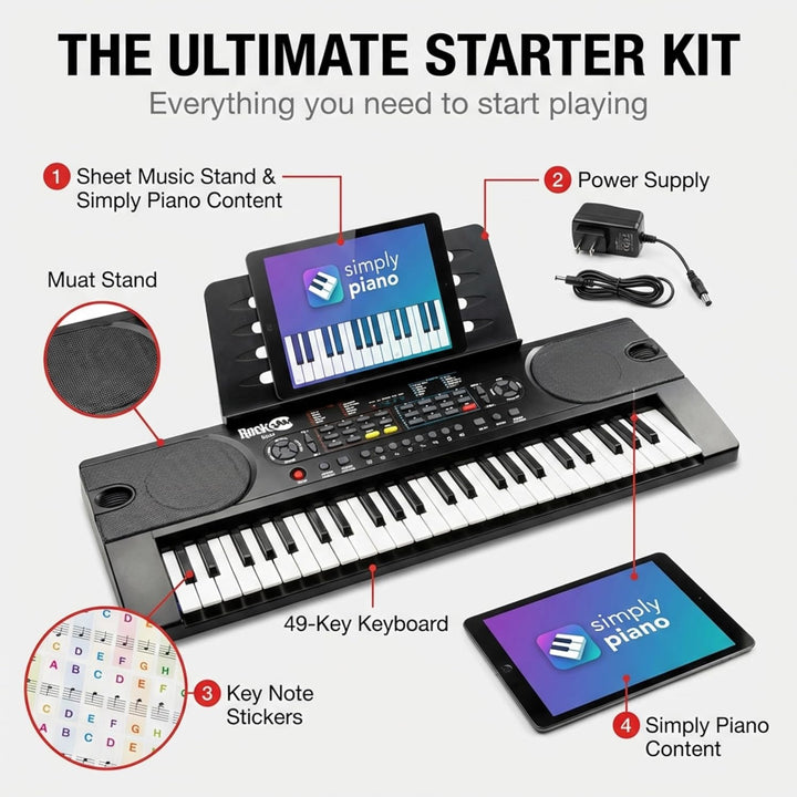 RockJam 49 Key Keyboard Piano with Power Supply, Sheet Music Stand, Piano Note Stickers & Simply Pia