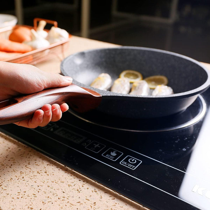 RIOVARM Induktion Bratpfanne Set 20 24 28 cm, Antihaft Granit beschichtung Pfannenset mit Deckeln, B