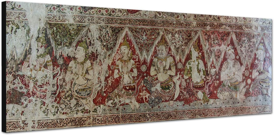 Paul Sinus Art Panoramabild auf Leinwand und Keilrahmen 120x40cm Thailand Tempel Schriftstück Vintag