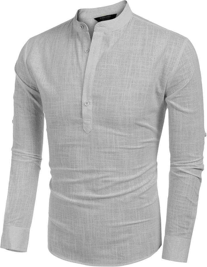 COOFANDY Hemd Herren Langarm Leinenhemd Baumwolle Henley Shirt Casual Regular Fit Sommerhemd M Grau,