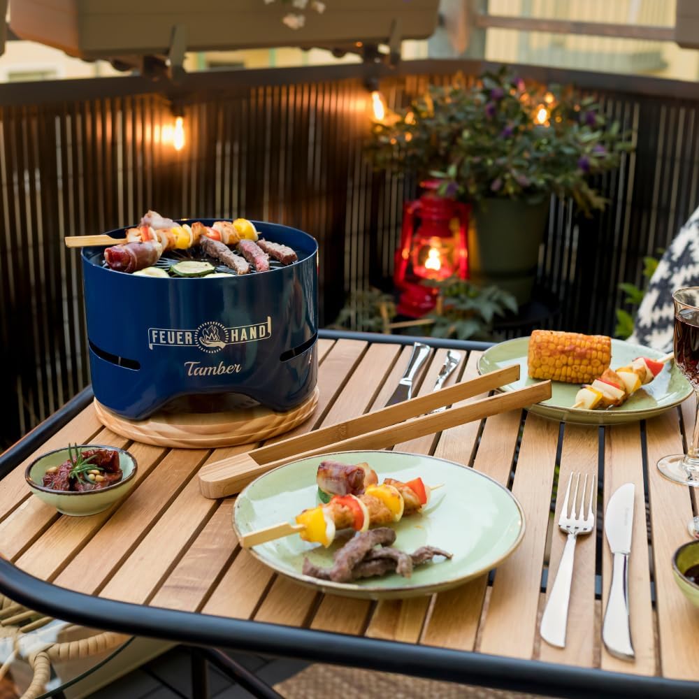 Feuerhand Tischgrill Tamber (kobaltblau) – Kompakter Holzkohlegrill für den Tisch. Mit Deckel als Un