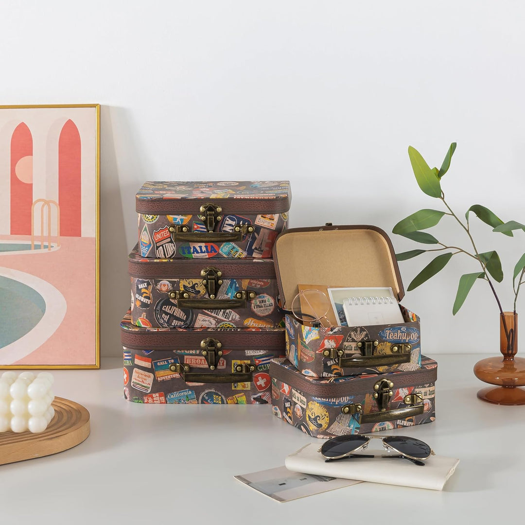 Pappkoffer mit Scharnierdeckeln und Griffen – Set von 5 – dekorative Gepäckbox, Vintage-Foto-Requisi