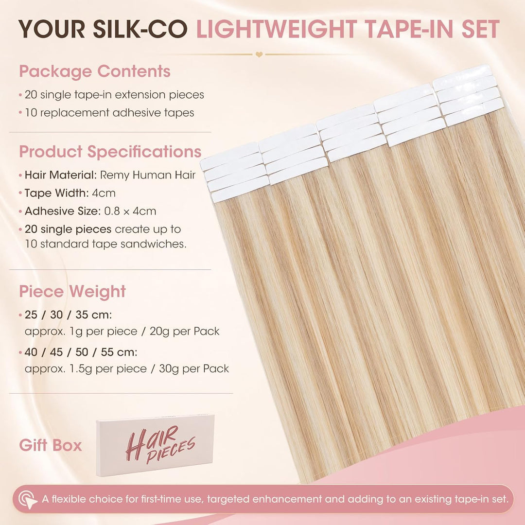 Silk-co Tape Extensions Echthaar 20g, leicht Version Tape in Extensions Echthaar 20pcs, Remy Invisib