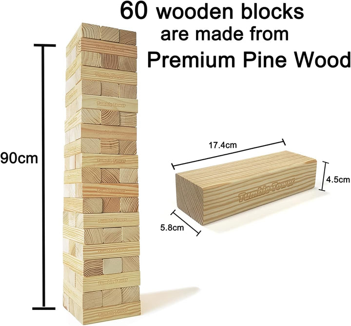 JacMok Grosser Wackelturm Spiel Holz Turmspiel aus Kiefer- Stapelturm 60 Bausteine mit Tragetasche -