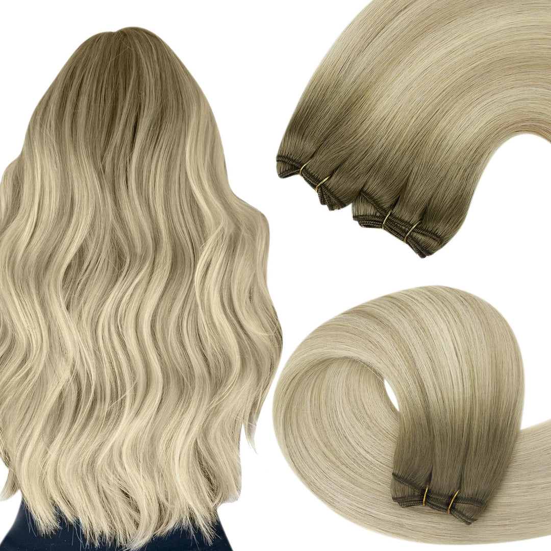 YoungSee Echthaar Tressen zum Einnahen Blond 55cm Tressen Echthaar Aschblond Ombre Blond Haartressen