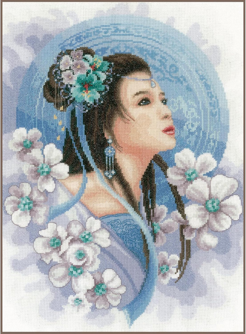 Lanarte Kreuzstichset Asiatische Frau in Blau, Kreuzstichpackung mit Zählmuster, Baumwolle, Mehrfarb