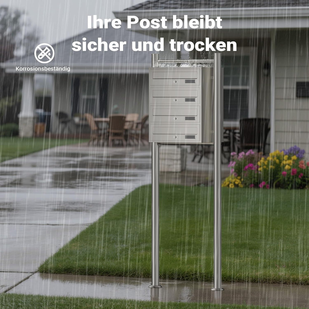 Wiltec 4er Briefkastenanlage Edelstahl 556 x 270 x 1500 mm, Standbriefkasten mit 4 Fächern, Schlüsse