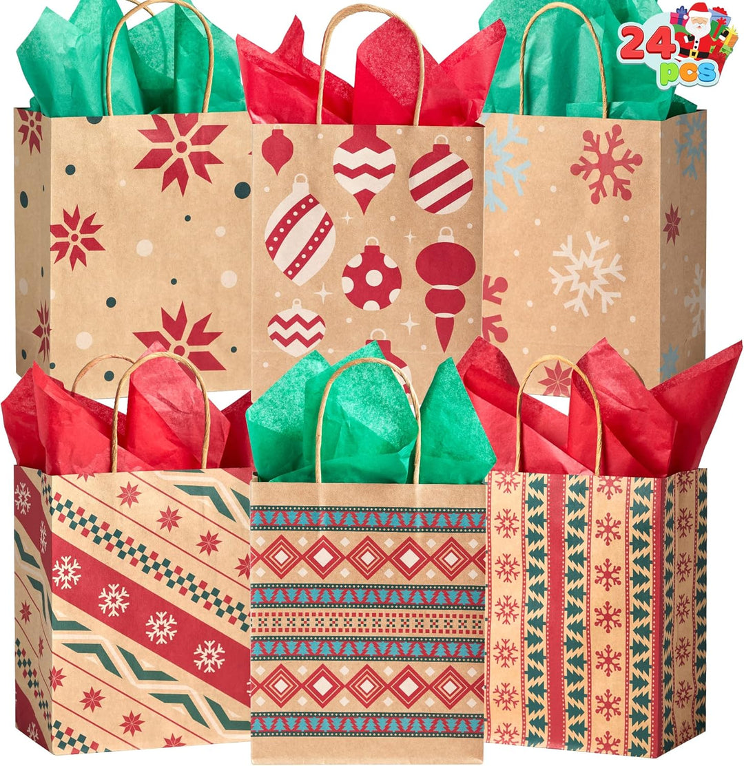 JOYIN 24 Stück Weihnachten Geschenktüten mit verschiedenen Weihnachtsmotiven, Kraftpapiertüten Gesch