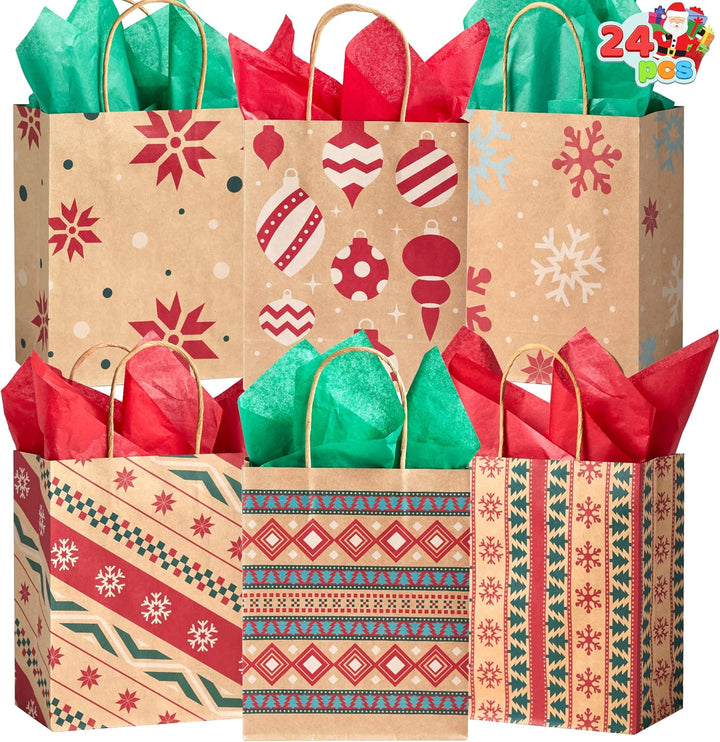 JOYIN 24 Stück Weihnachten Geschenktüten mit verschiedenen Weihnachtsmotiven, Kraftpapiertüten Gesch