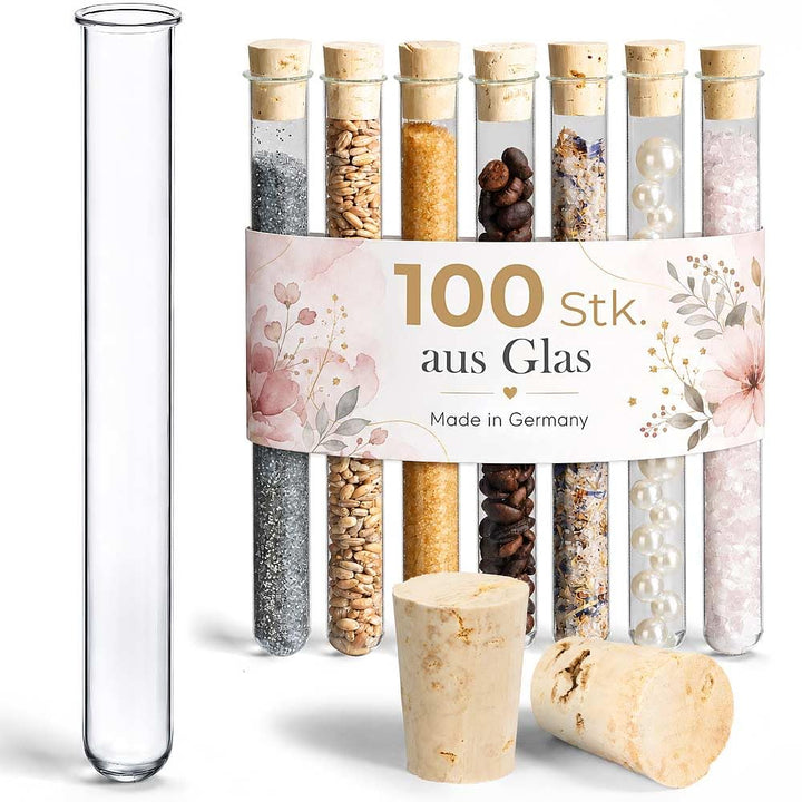 Tuuters 100x Glas Reagenzgläser mit Korken und Bördelrand (100 x Ø 16mm), 100 x Ø 16mm