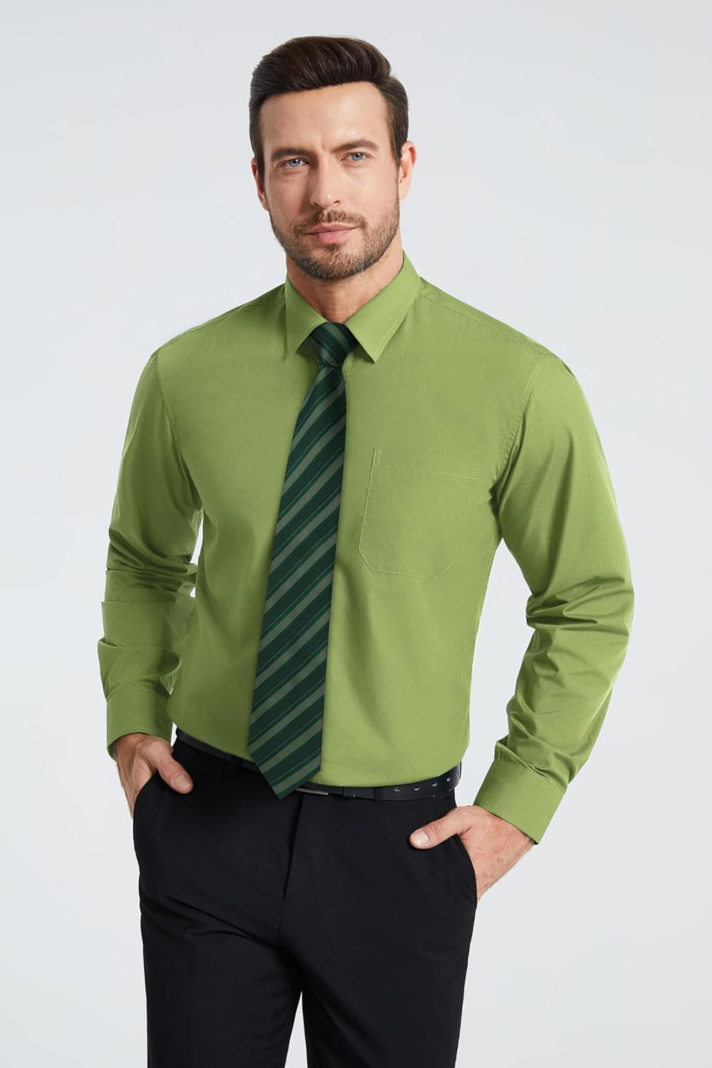 HISDERN Herrenhemd mit Krawatte und Einstecktuch, klassisches Button-Down-Shirt, passende Krawatte u