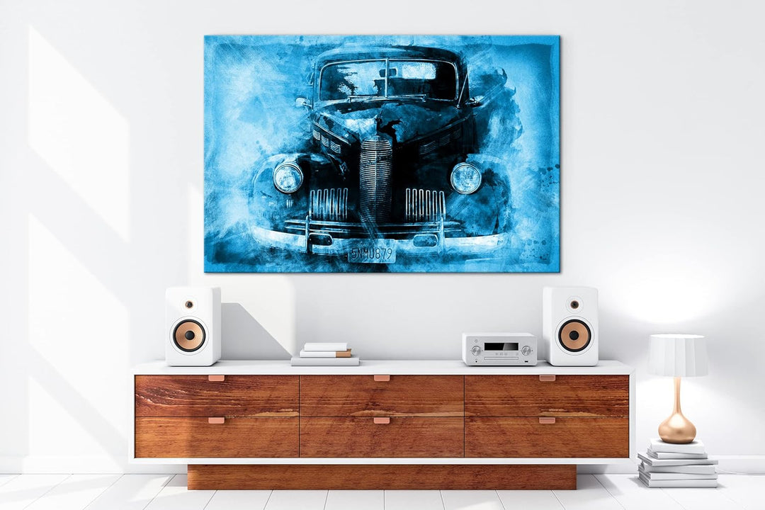 deyoli gezeichneter alter Oldtimer Format 100x70 Effekt: Monocrome Blau als Leinwandbild, Motiv fert