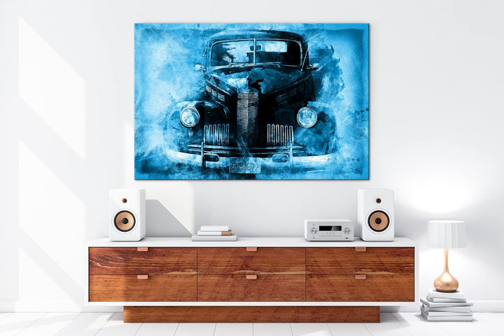 deyoli gezeichneter alter Oldtimer Format 100x70 Effekt: Monocrome Blau als Leinwandbild, Motiv fert