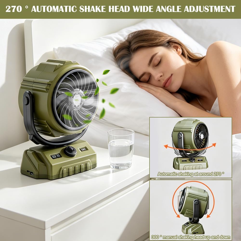 Camping Ventilator, Akku Ventilator mit Fernbedienung/LED Licht/270° Drehung, Tischventilator mit Ha