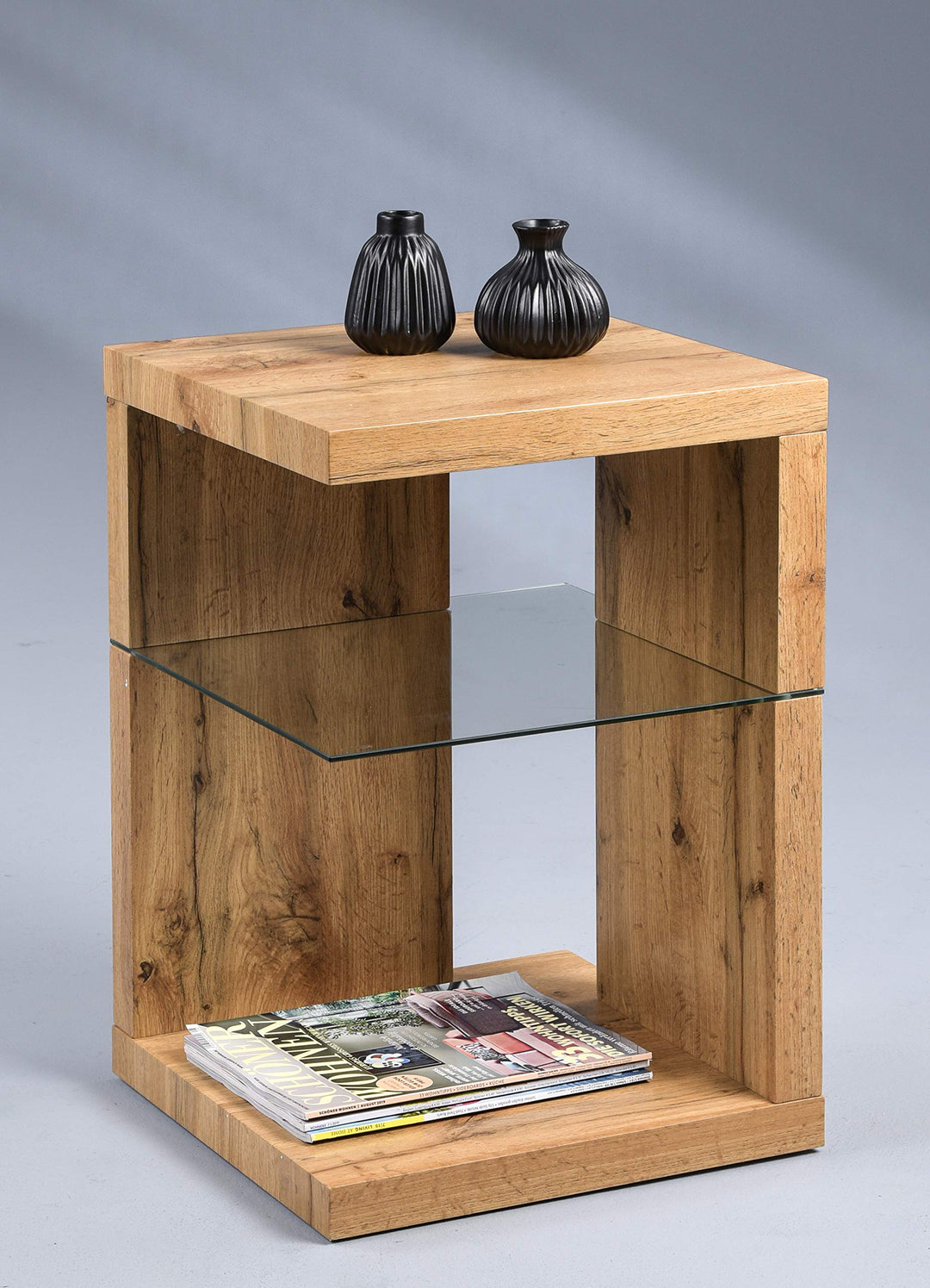 HomeTrends4You Domingo Beistelltisch/Nachttisch, MDF, Sicherheitsglas, Wildeiche,