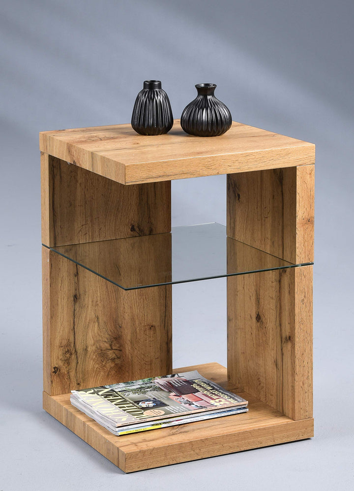 HomeTrends4You Domingo Beistelltisch/Nachttisch, MDF, Sicherheitsglas, Wildeiche,