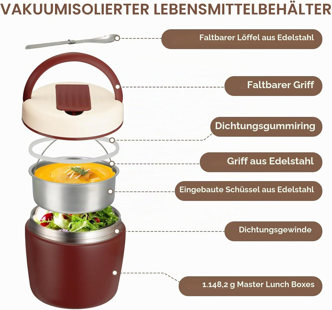 Cozary Thermobehälter für Essen 1200ml, Edelstahl 304 mit Löffel, Absolut Dicht, Hält 7 Stunden Heis