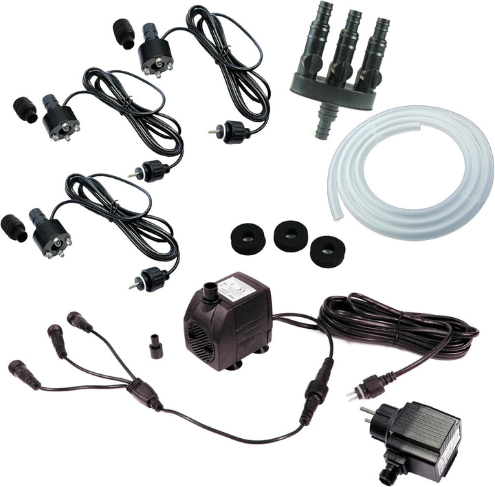 Arnusa Springbrunnen Pumpe 800 L/H Komplett Set mit 3er LED-Beleuchtung inkl.3 Wege Schlauchadapter,