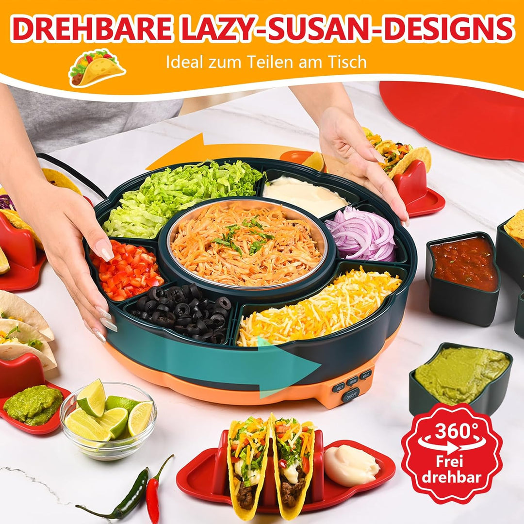 Taco Tuesday Set, Taco Servierset & Schokoladen Fondue mit 1 L Heiz Topf, 3 Temperaturstufen, 4 Halt