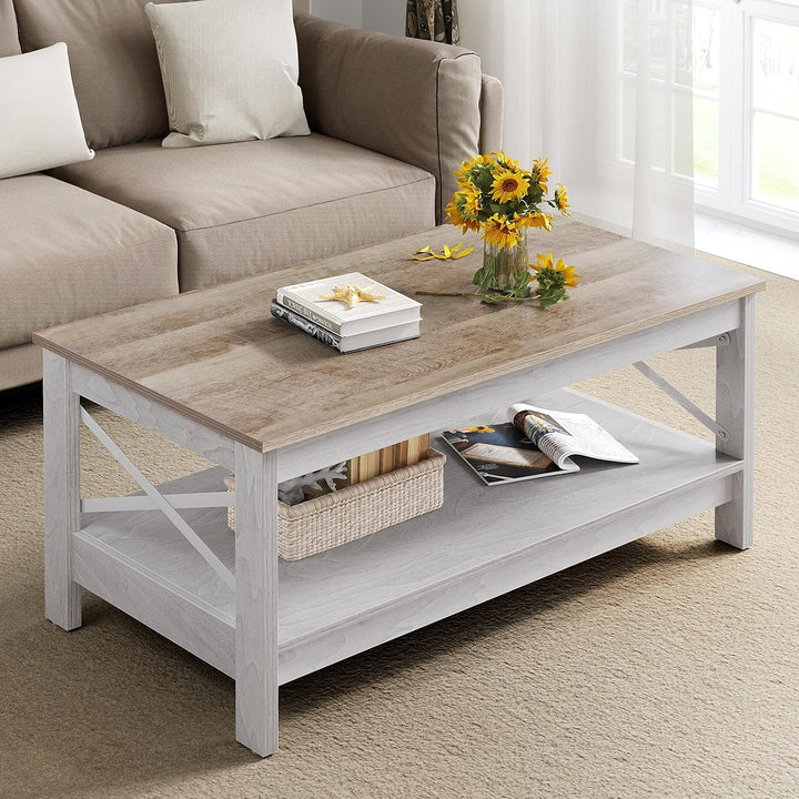YITAHOME Couchtisch, Wohnzimmertisch, 2-stöckiger Dicker Holz Rechteckiger Couchtisch, X-Form Metal