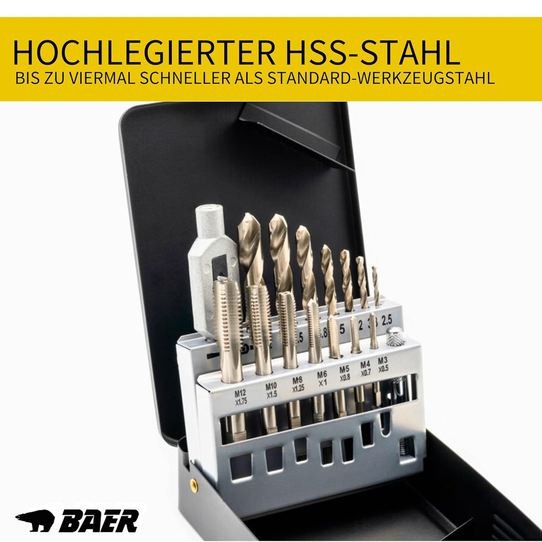 BAER Gewindeschneider Set HSSG: Einschnittgewindebohrer, Kernlochbohrer, Windeisen: M 3-12 - Gewinde