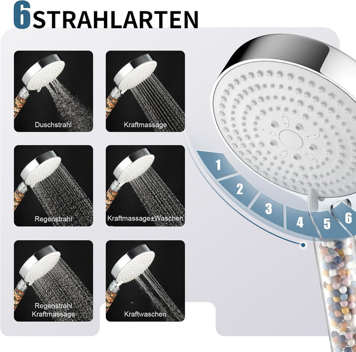 OFFO Filter Duschkopf mit Schlauch 1,6m und Halterung, Handbrause mit 6 Strahlarten, 13cm Duschkopf