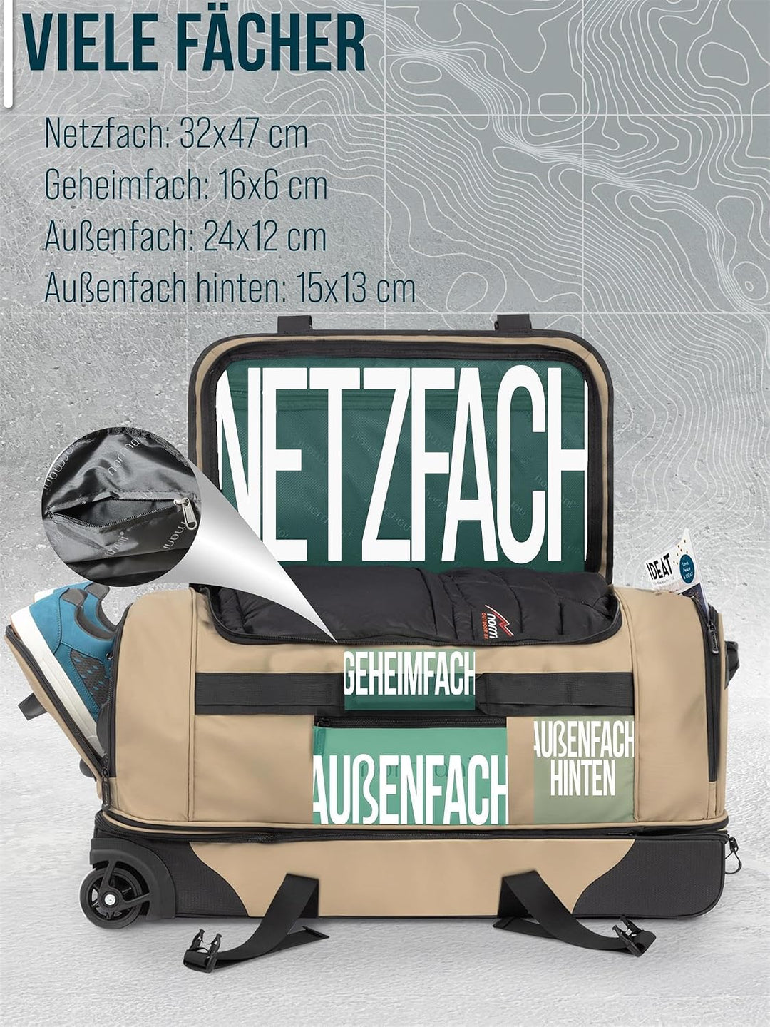 normani XXL Reisetasche 100-120 Liter 2-Rad Trolley gross Weichgepäck Travel Bag mit Rollen und 8 Fä
