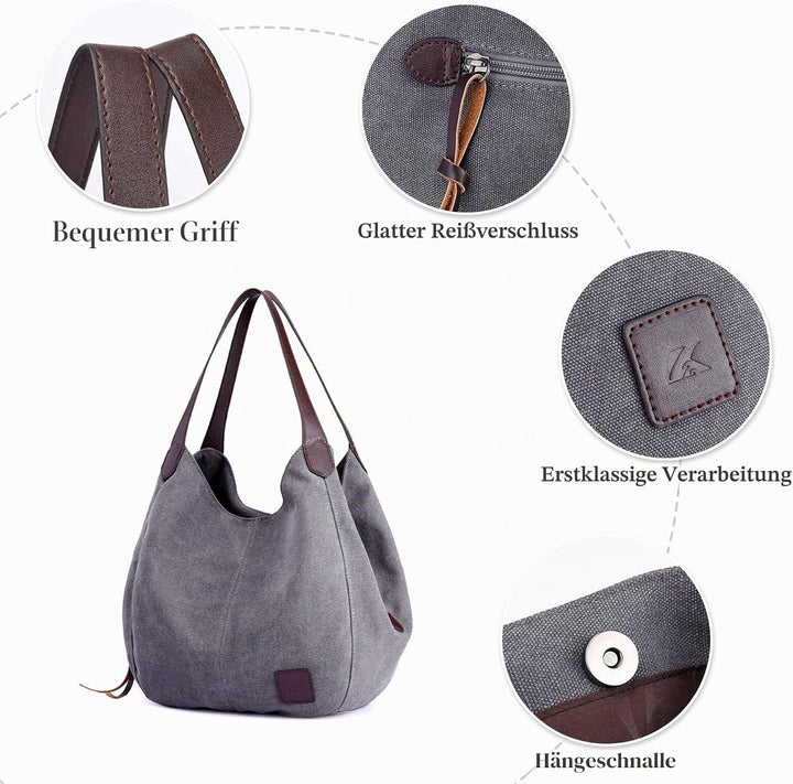 PORRASSO Damen Handtasche Canvas Hobo Schultertasche Mädchen Tote Bag Shopper Henkeltasche für Schul