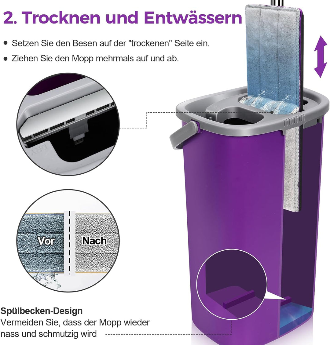 MASTERTOP Wischmopp Set mit Eimer, Bodenwischer Set mit 5 Mikrofaser Pads und Edelstahl Griff, Flach