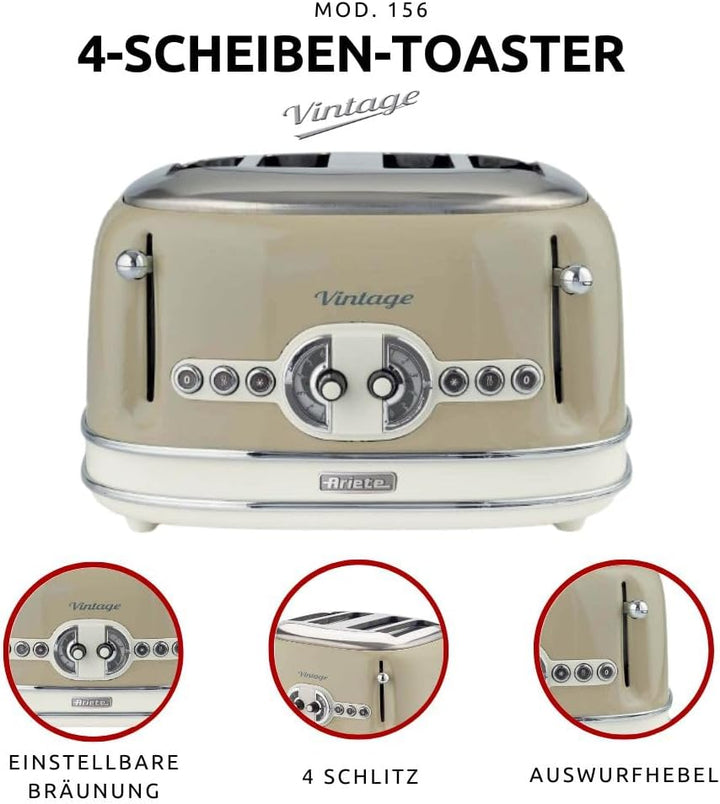 Ariete,156 Toaster im Vintage-Design für 4 Scheiben, 1600 W, 6 Toaststufen, aus lackiertem Edelstahl